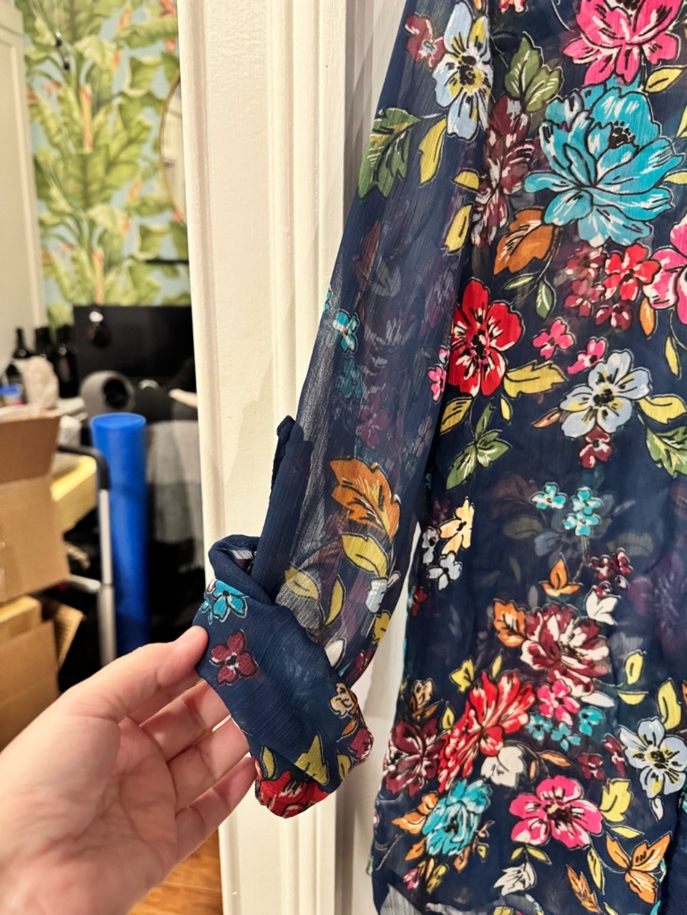 Kut from the Kloth Navy Sheer Floral Button-Up Blouse - Multicolor Flowers - Picture 3 of 7